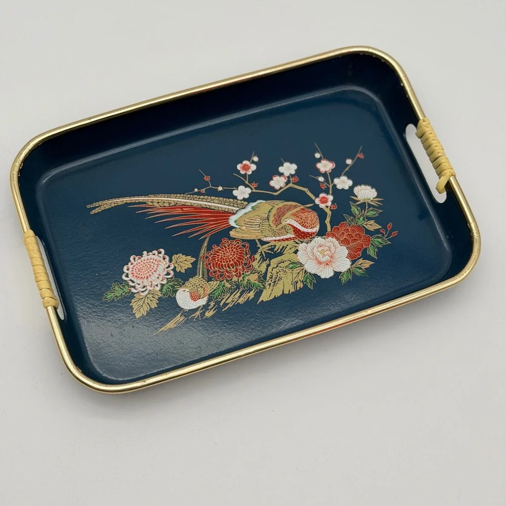 Vintage Navy Blue Metal Serving Tray Pheasant Floral Gold Rim Bamboo Handles